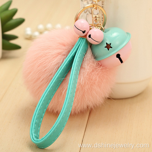 Customized Rabbit Fur Ball Charm Keychain With Bell Pendant